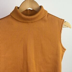 Vtg Fem-e-nits Gold 60s Mock Roll Turtle Neck Top Shirt Womens Sleeveless 14 Zip